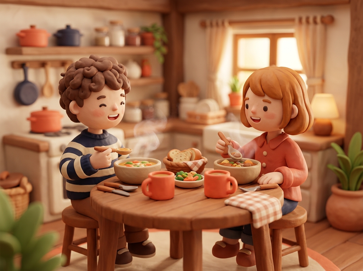 마주 앉아 따뜻한 식사를 나누는 3D 클레이 일러스트